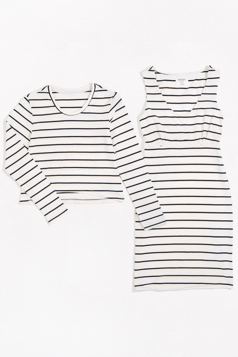White & Black Stripe 2 Pc Set: Dress + Long Sleeve Top Knit